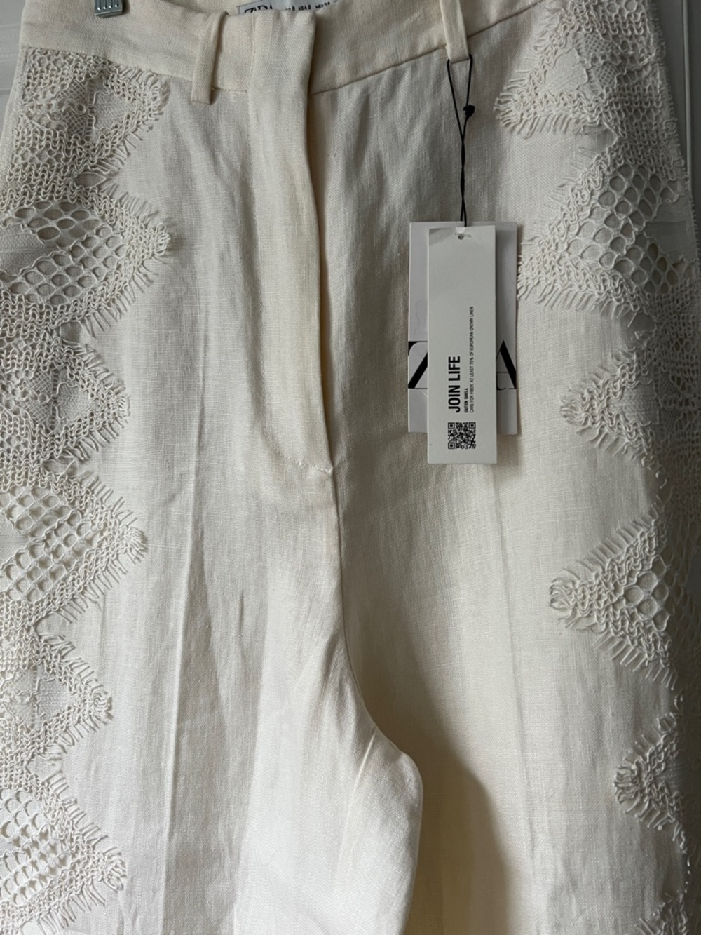 Zara Cream Embroidered European Linen Wide Leg Trousers - Picture 2 of 9